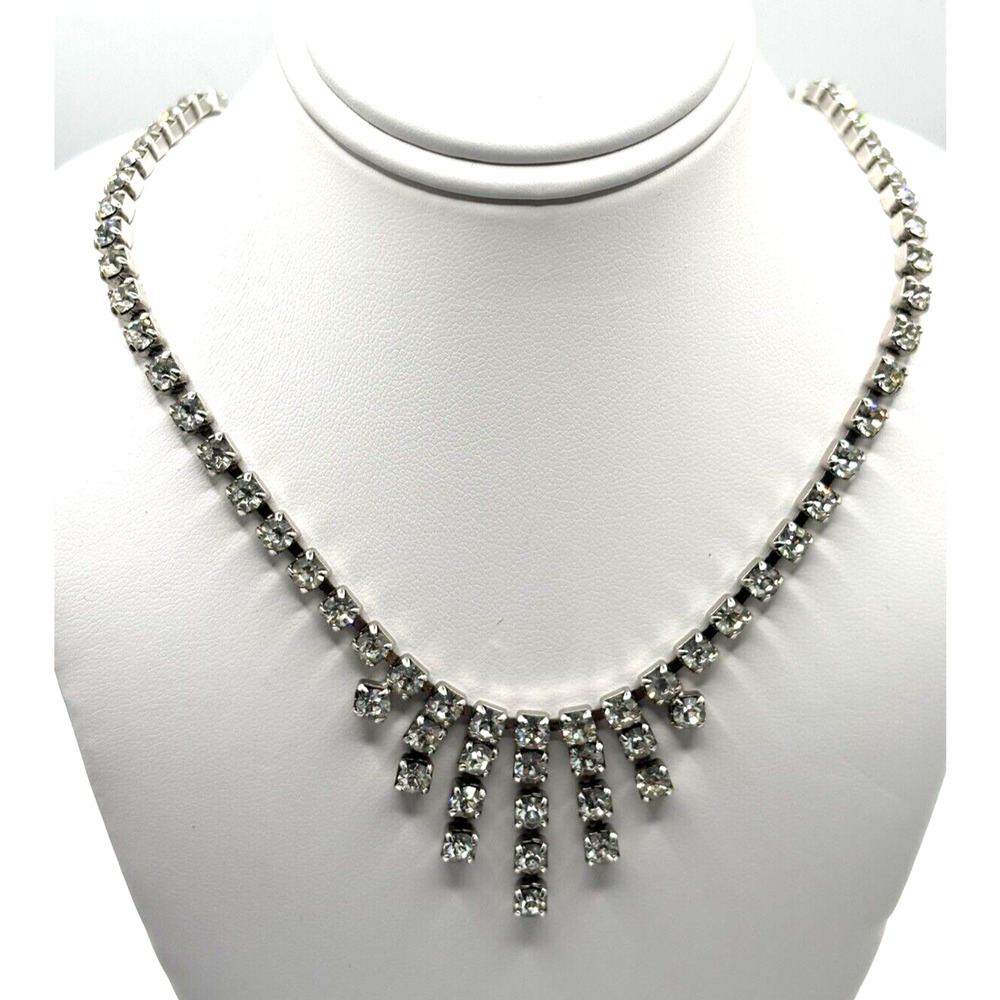 VTG Rhinestone Necklace Clear Dangle Silver Tone‎ J1-3026